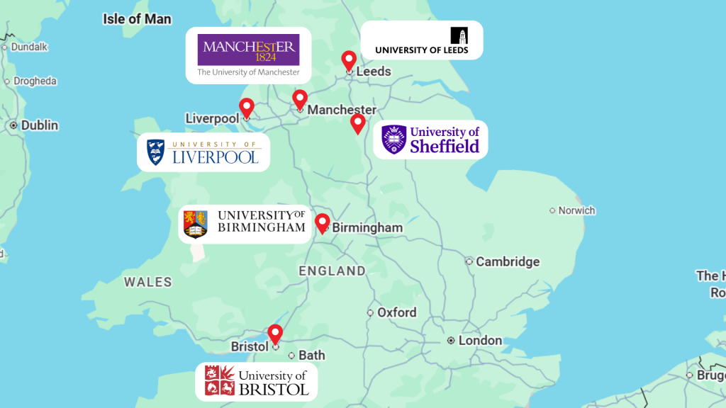 A graphic of six red brick university logos in the UK.