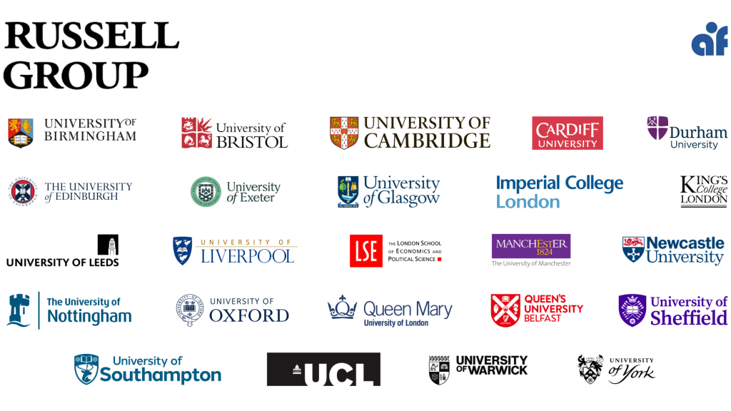 An illustration showing the logos of UK Russell Group universities. 